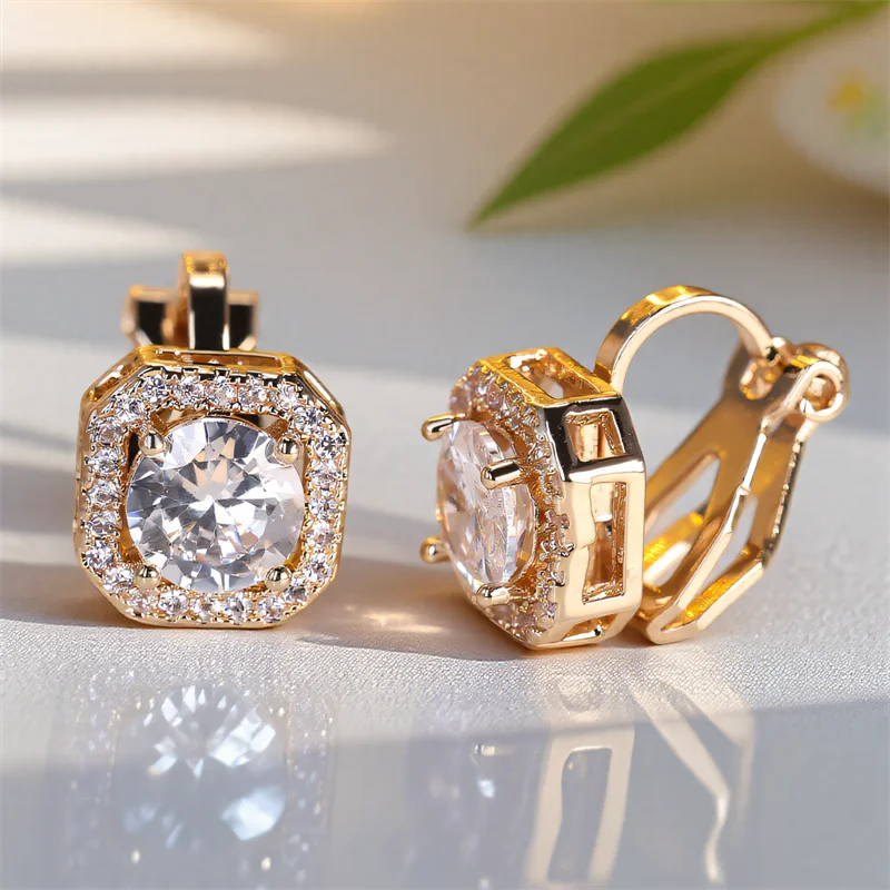 Trendy White Zircon Round Stone Clip Earrings For Women Vintage Gold Color Rainbow Crystal Earring 2025 New Fashion Jewelry Gift