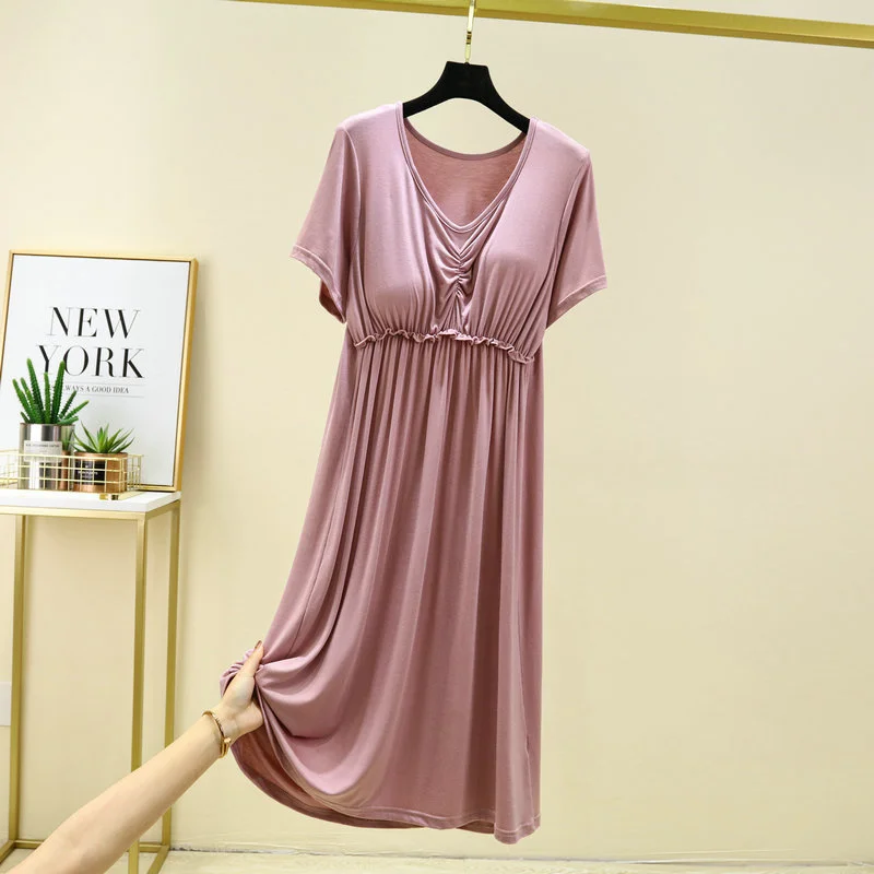 Modal Nightdress Women Short Sleeve V-Neck with Chest Pad Nightgown Night Dress Summer Solid Home Clothes Gown Nightwear Pajamas