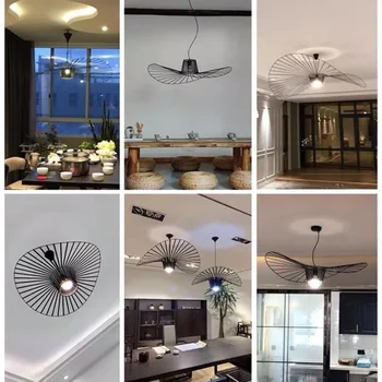 Vintage Hat Pendant Led Lamp Black Rattan Suspension Luminaire Kitchen Hanging Light Living Room Home Decor Ceiling Chandelier 5