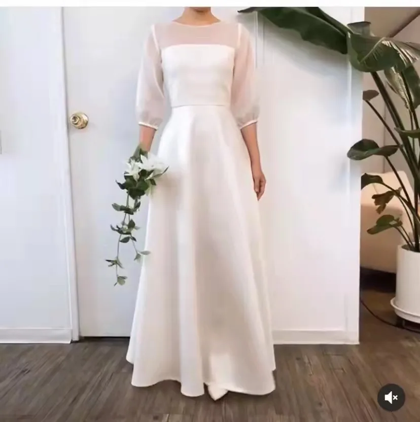 

Korean Style 2024 Wedding Dress O-neck Floor Length Three Quarter Sleeves 웨딩드레스 A-Line Lace Up vestidos de novia