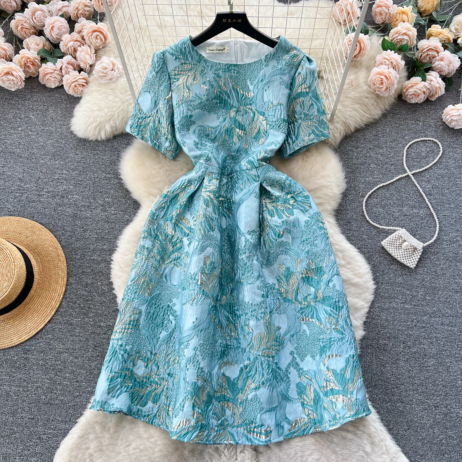 

Women's New 2024 Spring Summer European Clothing Luxury Jacquard Dress O-neck Short Sleeve Vintage Dresses