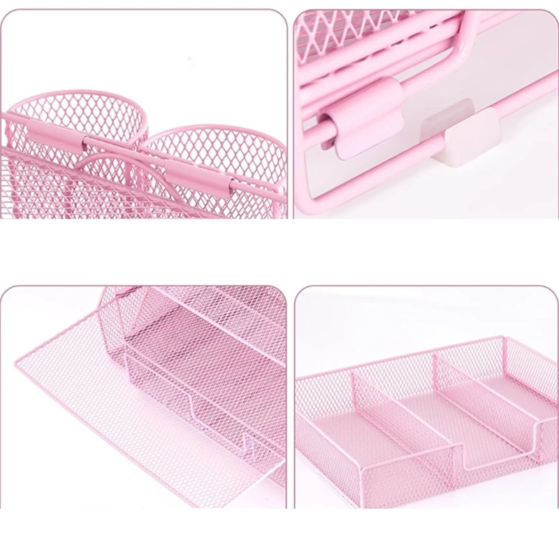Desk File Tray Metal 4-Tiered with Magazine Rack Drawer 2 Pen Cups Space Saving for File Document Office Desk Organizers