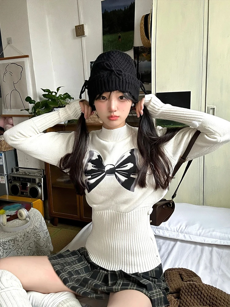 

Y2k Bow Print Sweater Women Autumn Winter Long Sleeve Knitted Pullover Female American Retro Slim Fit Half High Collar Jumper