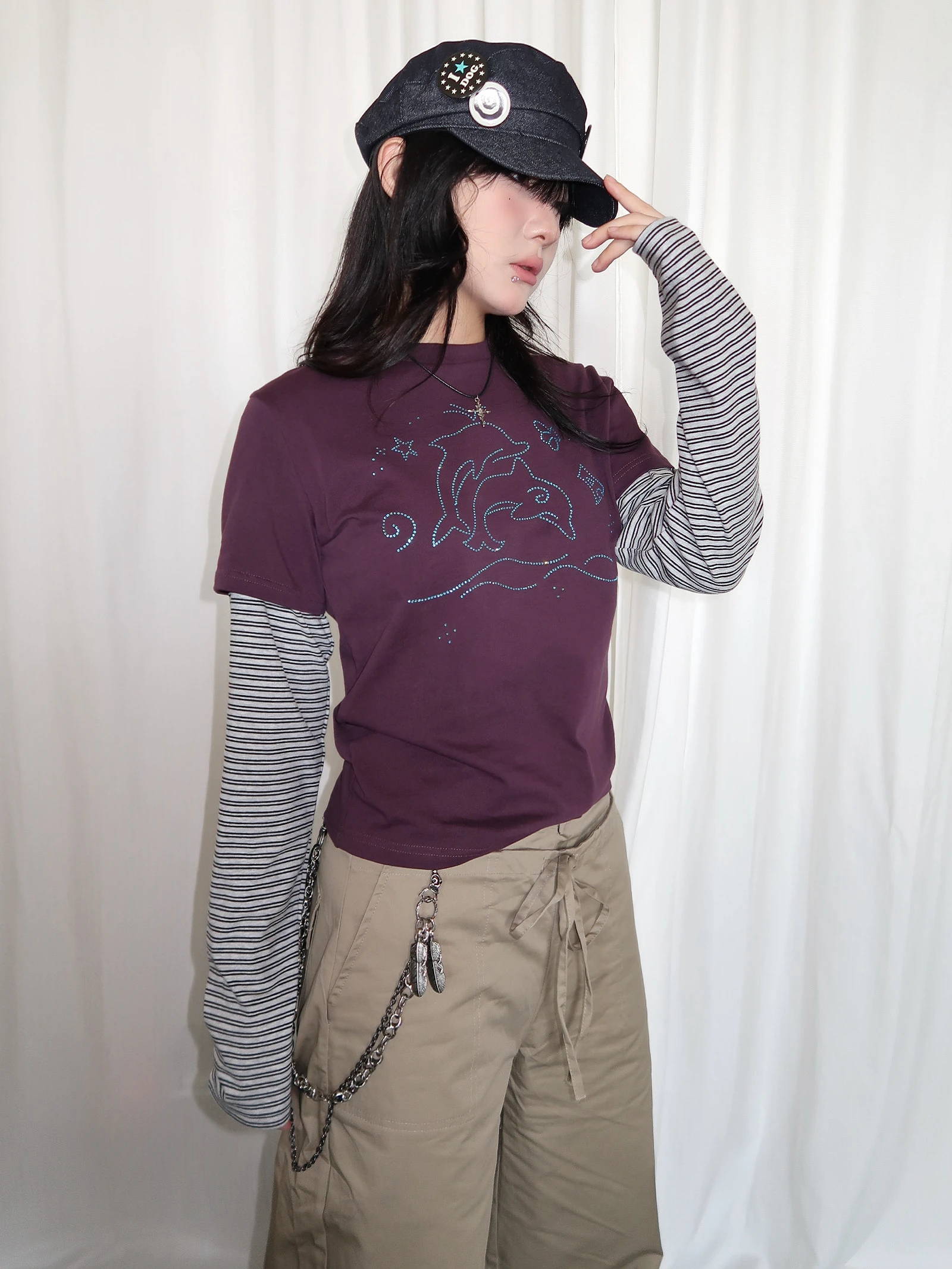 Tonngirl Y2k Vintage T-shirt Women Long Sleeve Patchwork Japanese 2000s Grunge Tops Streetwear American Retro Print Graphic Tops 3