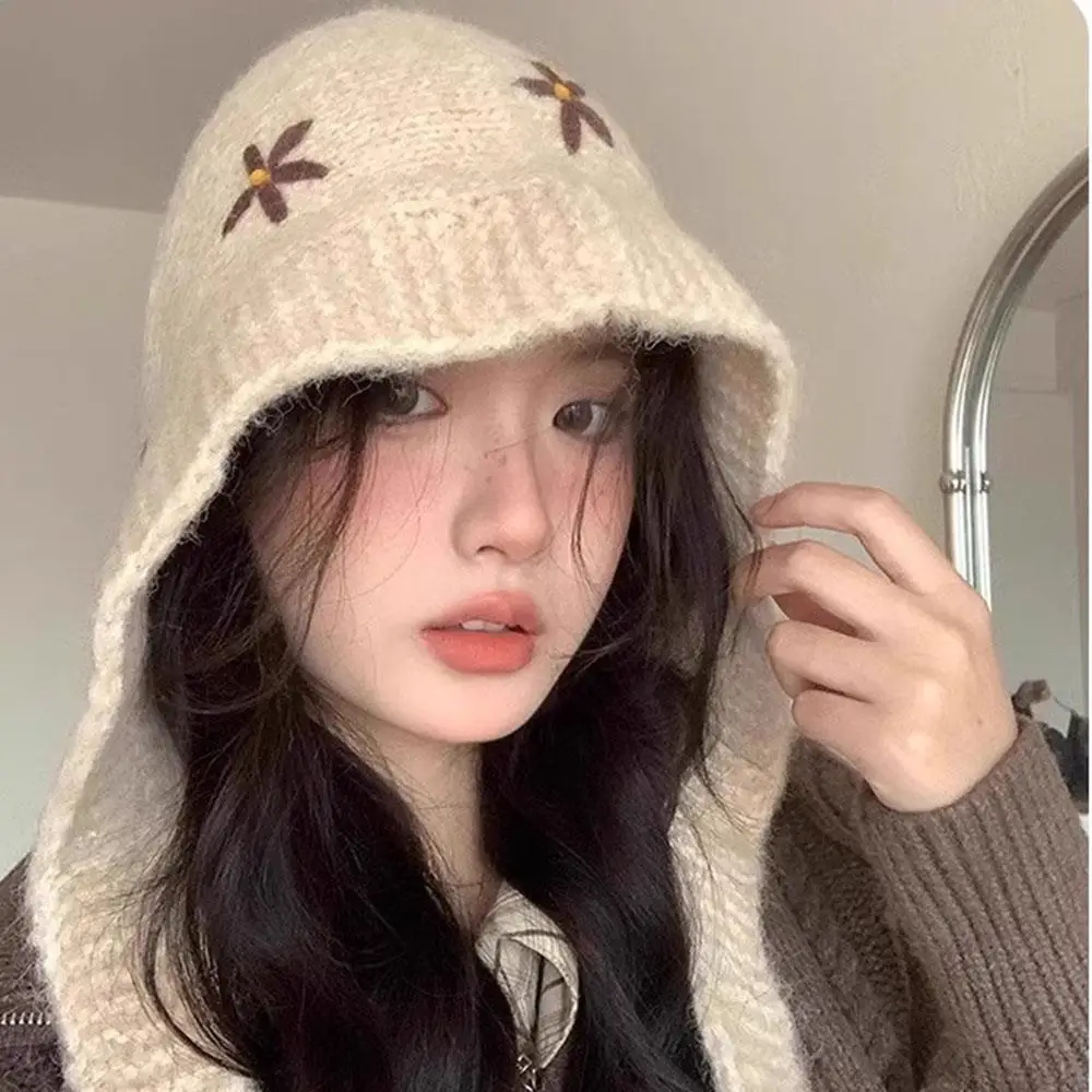 Korean Style Knitted Balaclava Hat With Embroidered Flowers Winter Warm Woolen Neck Collar Beanies Cap Coldproof Pullover Cap