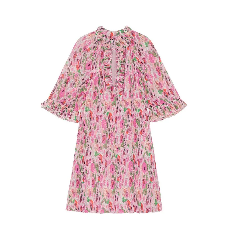 

2024 Women Summer Bohemian Ruffle Pink Printed Midi Sundress Stand Collar Lace Up Half Sleeve Casual Elegant Knee Length Dress