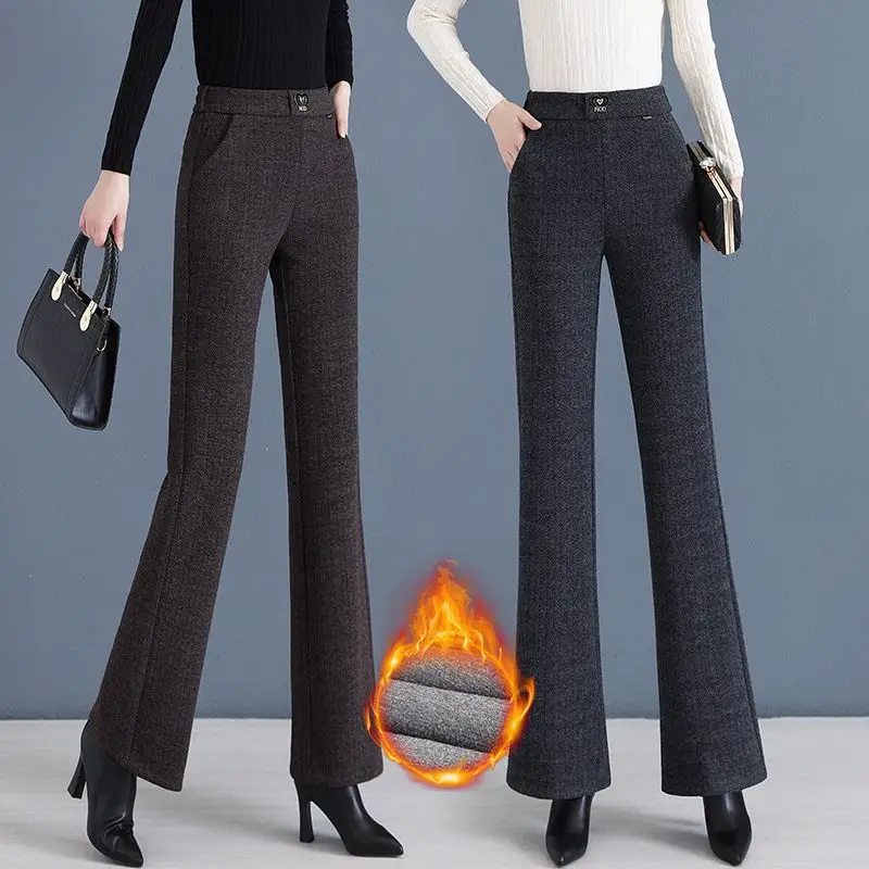 

2023 Women Autumn Winter New Solid Color Wool Flare Pants Female Streetwear Woolen Pants Ladies High Waist Casual Trousers O603