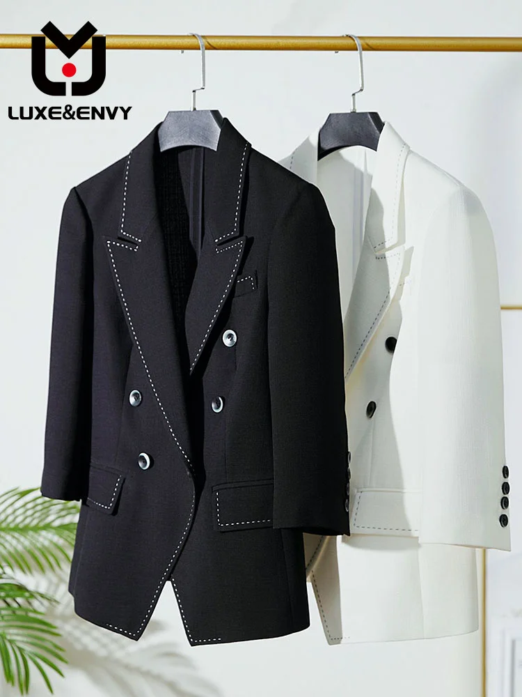 

Suit Short Sleeved Jacket Women's High-end Feeling, Black Waistband, Slimming Balman White, Thin Suit, Short Women's