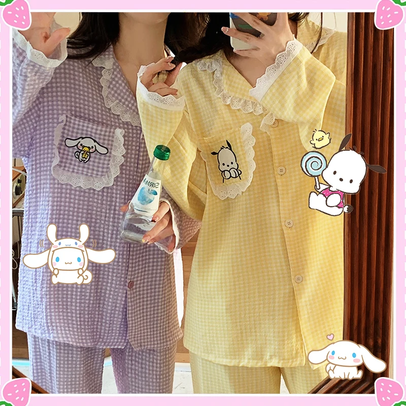 

Sanrioed Checkered Pajamas Kawaii Spring Long Sleeve Soft Cotton Lace Anime Pom Pom Purin Cinnamoroll Cute Lovely Girls Gift