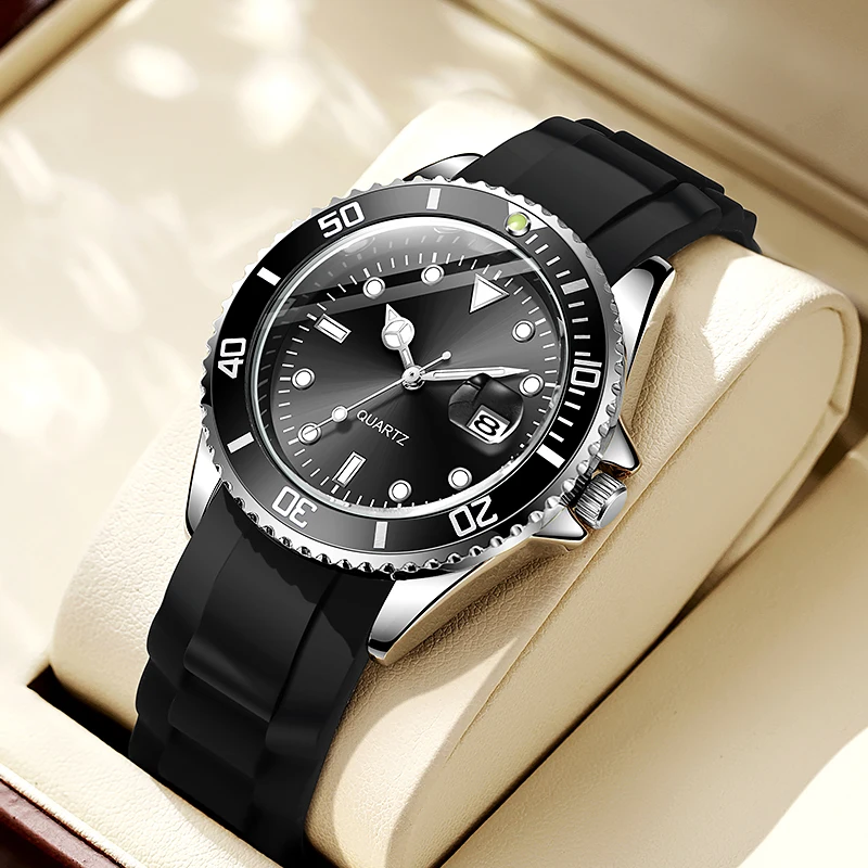 일본 무브먼트 로고 없음 40mm 회전 베젤 고무 스트랩 쿼츠 아날로그