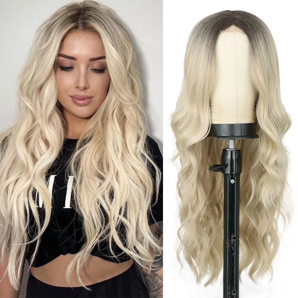 

Long Wavy Ombre Blonde Wigs for Women Daily Party Middle Part Natural Wave Wig Black Brown Synthetic Hair Cosplay Wig 26Inch