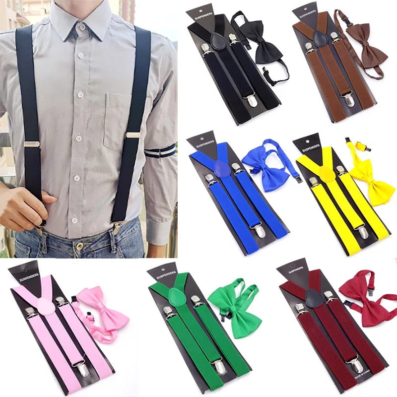 Unisex Suspenders Bowtie Sets Clip-on Buckle Men Straps Adjustable Elastic Y-Back Braces Wedding Suit Pants Jeans Accessories