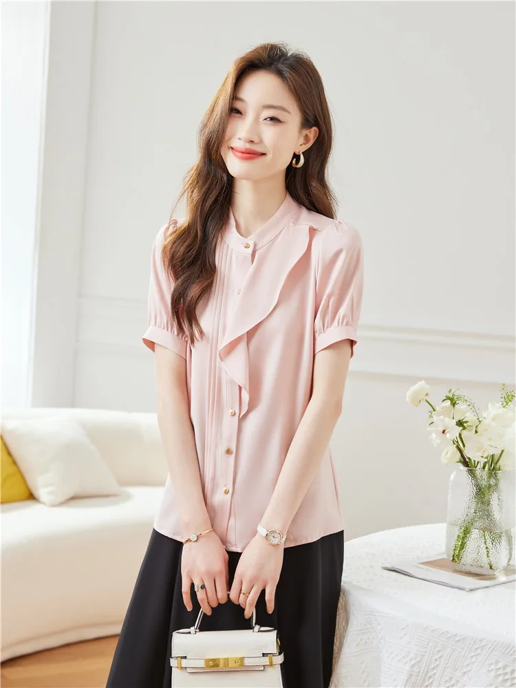 Woman's Short Sleeve Blouse Elegant and Youth Shirt Purple Pink