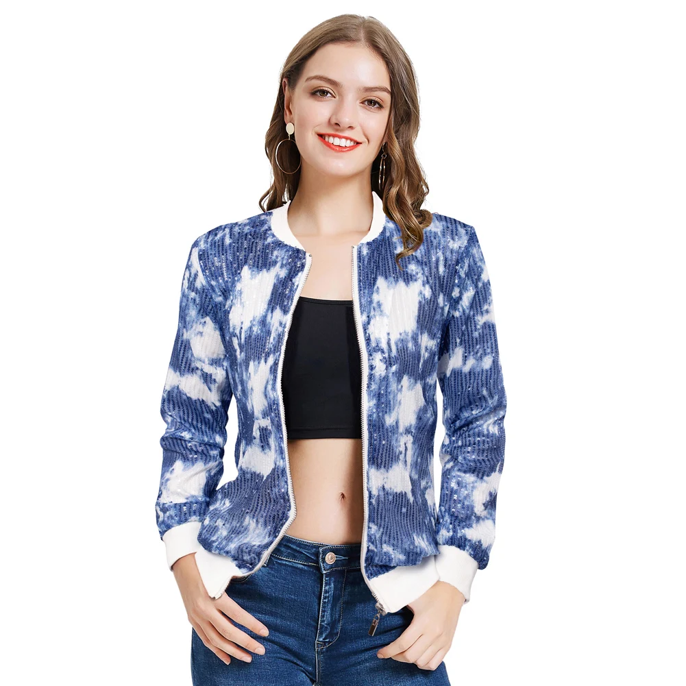 KK Women's Coat Sequined Tie Dye Printed Party Jacket Spring Autumn Long Sleeve Zip Up Base Ball Collar Coat Outerwear