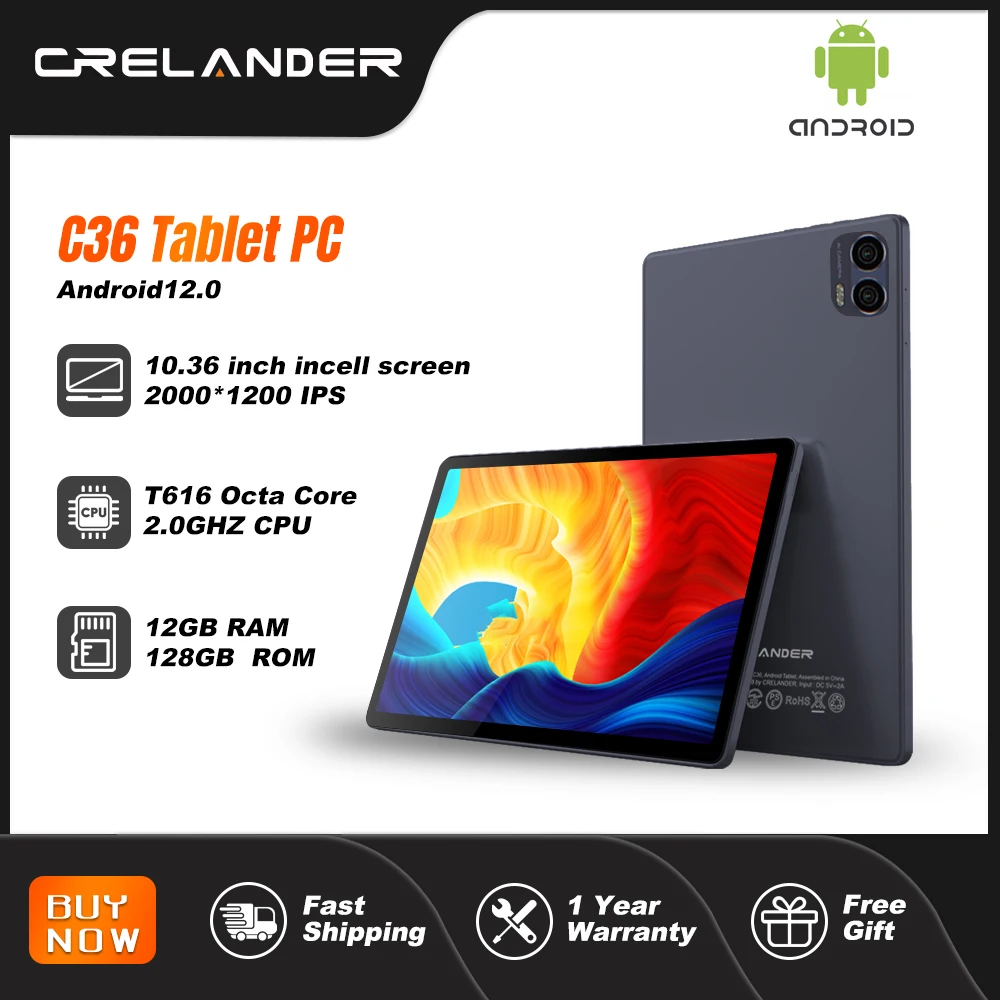 CRELANDER C36 태블릿 10.36형 2K Incell 화면 8코어 12GB+128GB 듀얼 카메라 2.4G+5G WiFi GPS 태블릿 Android 12 