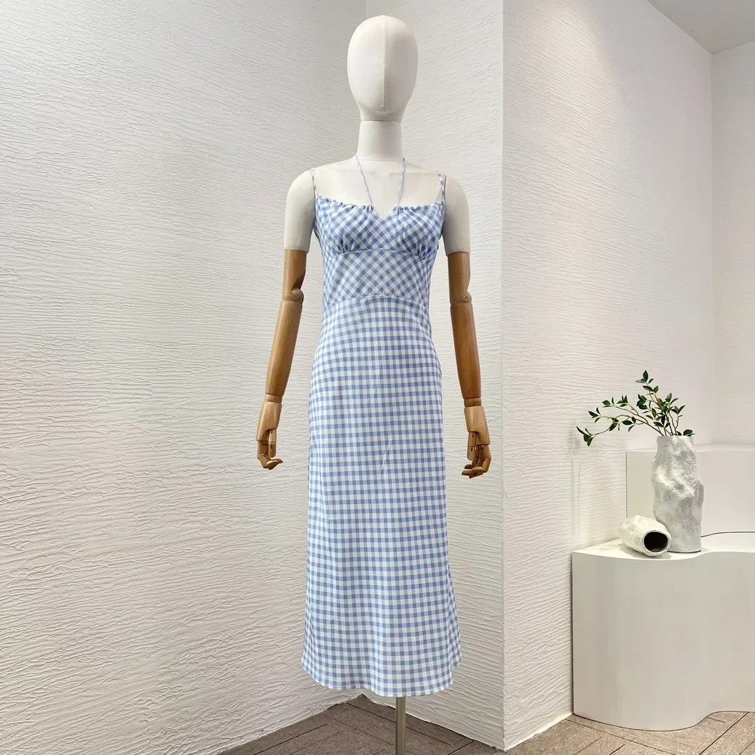 

Silk Blue Pink Khaki White Plaid Print Sleeveless Halter Flouncing Ruffle Collar Backless New 2024 Spring Summer Midi Dress