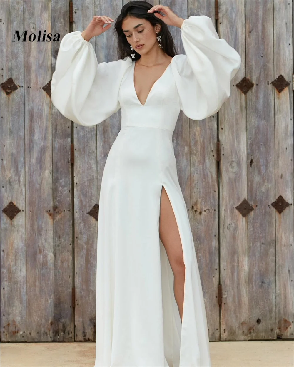 

Boho V-Neck Wedding Dress Puff Sleeves Satin High Split Open Back Bride Dresses for Women 2022 Free Shipping Country Bridal Gown