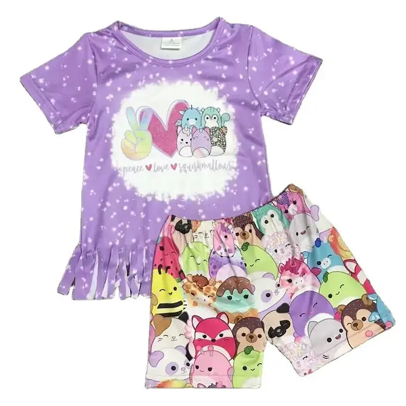 

Boutique Girls clothes Set Tassels Tie-dye Short Sleeve Animal Shorts Summer Sport Girls Wednesday Outfits