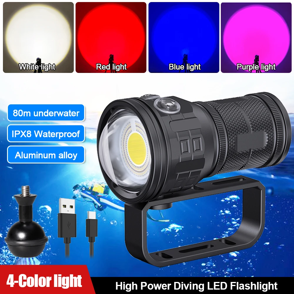 80W 224*COB Deep Diving Flashlight 4 Colors WhiteRedBlueUV LED  Proffessional Scuba Diver Torch IPX-8 Photographic Fill Lamp - AliExpress