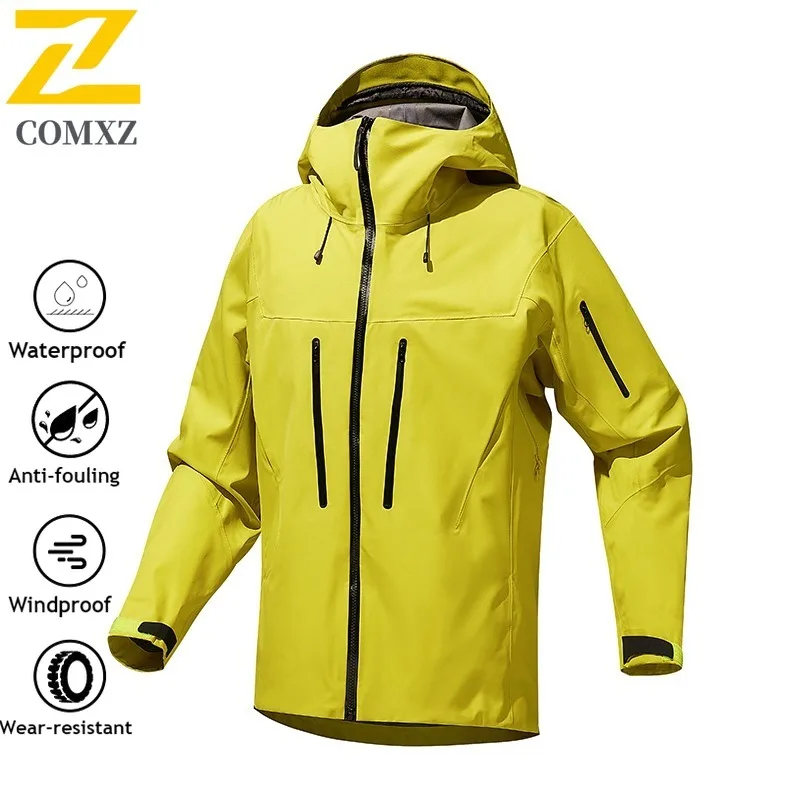 COMXZ Men Outdoor Softshell Windbreaker Waterproof Windproof Hiking Climbing Coat Stretch Breathable Mountain Style Hood Jacket
