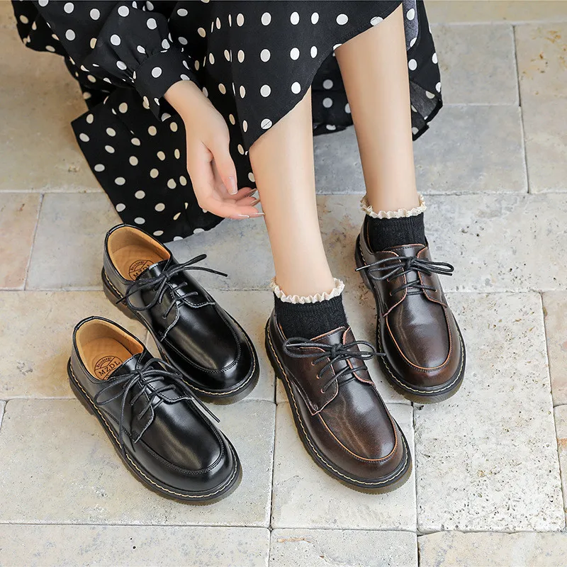 

Spring Lace Oxford Shoes For Women Autumn Split Leather Platform Women Punk Shoes Thick Bottom Mujer Ladies Brogues Flats Shoes