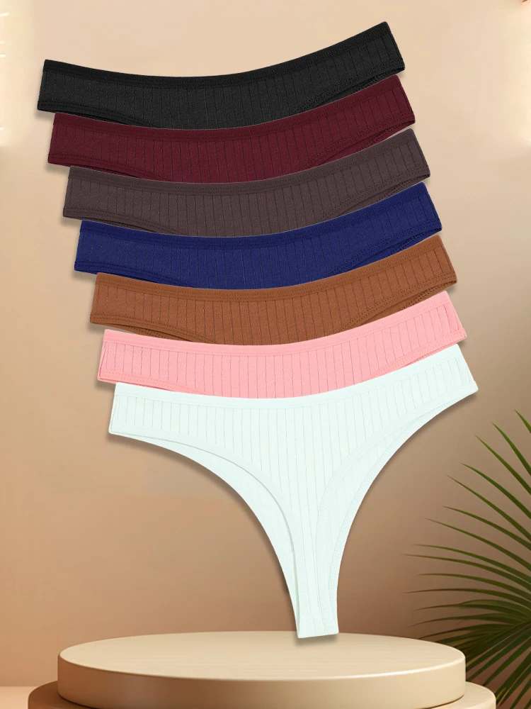 7PCS Women Cotton Striped Thongs Underwear Low Waist G-String Panties Sexy Breathable Solid Color T-Back Casual Bikini Lingerie