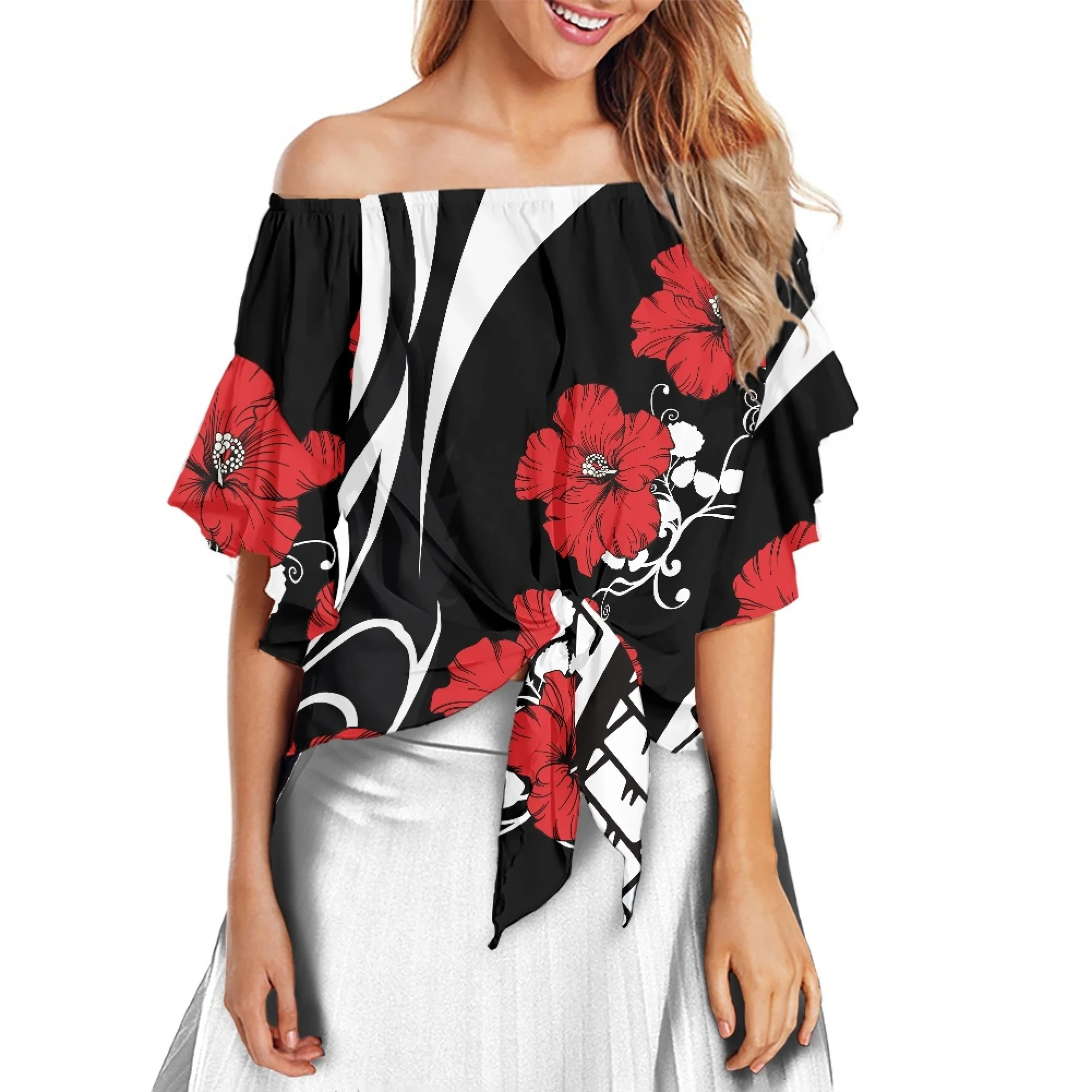 Shefa Vanuatu Off Shoulder Kurzes blumen kleid Hibiscus Sand Zeichnung mit Pacific Muster LT9 main image 1