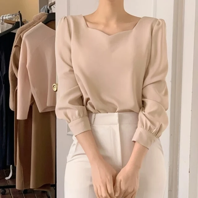 Korean Style Chic Puff Long Sleeve Blouse Temperament Simple Square Collar Tops Versatile Pullover Soft Solid Color Shirt Blusas 3