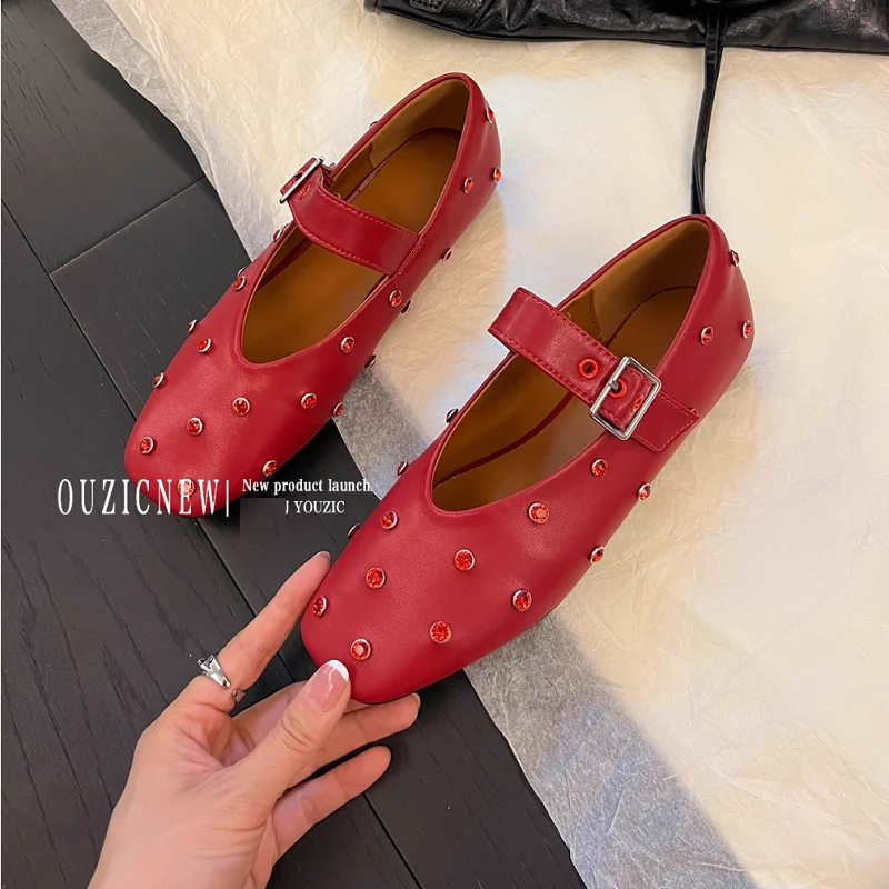 2025 Women Flats Fashion Crystal Buckle Strap Shoes Woman Genuine Leather Square Toe Mary Janes Spring Summer Flats Size 34-43 5