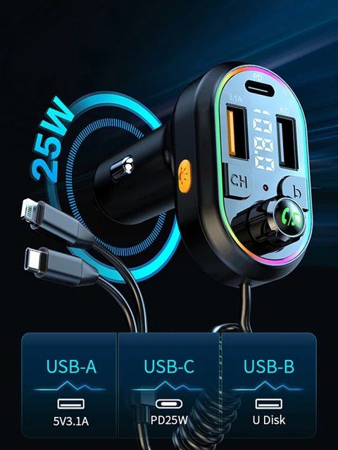 Worldtech Car Charger Mp3 Player FM Transmitter Bluetooth QC 3.0 PD Type C Car Kit FM Modulator Fast Charging Phone Charger 5