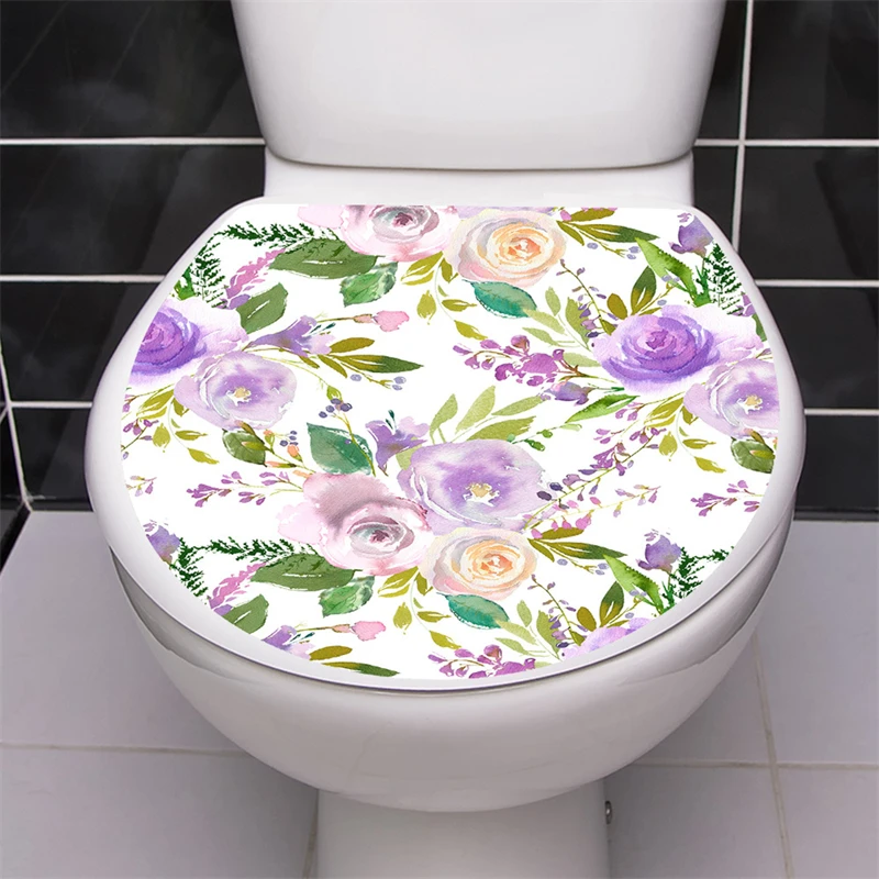 Toilet Cover Stickers Tropical Green Plants Bird Flower Printed Floral Butterfly Pattern WC Bathroom Decor Home Decoration Decal