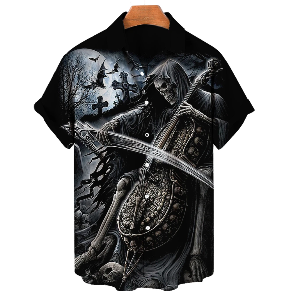 

3d Skull Print Shirt Men Summer Street Hip Hop Short Sleeve Loose Oversized Top Micro Bullet Hawaiian Shirt Men