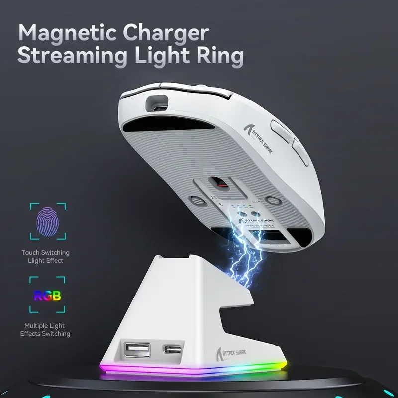 

Attack Shark X6 Bluetooth Lightweight Mouse Pixart Paw3395 Tri-mode Connection Rgb Touch Magnetic Charging Base Macro Game Mouse