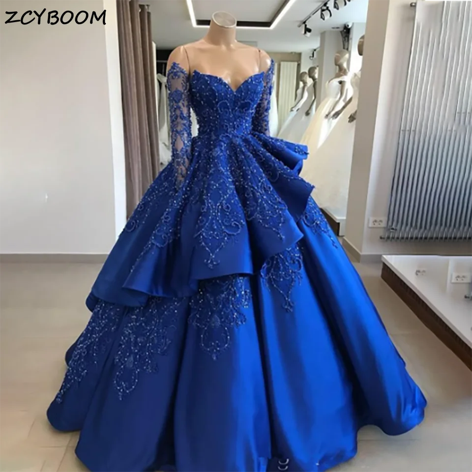 Customized Charming Blue Beaded Off The Shoulder Ruffles Satin A Line Wedding Dress 2025 Backless Sweep Train Tulle Bridal Gowns 2