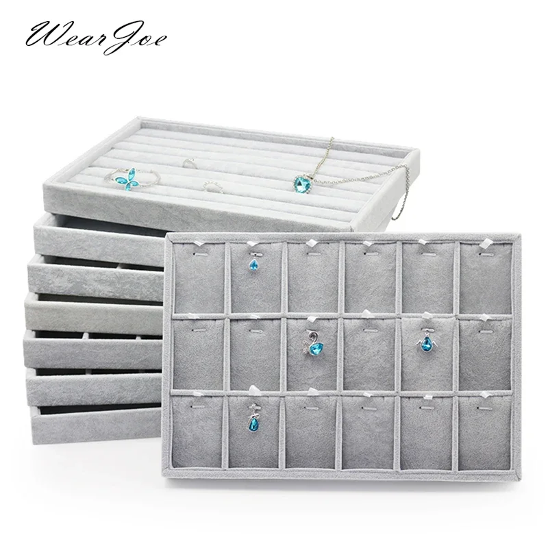 Countertop Store Jewelry Display Tray Stackable Grey Velvet Storage Box Showcase Organizer Pendant Necklace Hooks Holder Tray walnut grain storage 24 watchs bracelet display tray 24pcs watch display sight tray organizer show case soft velvet stackable