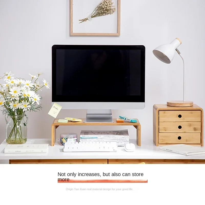 Computer Monitor Elevated Rack Desktop Bamboo Storage Drawer Shelving Desk Storage Cabinet
