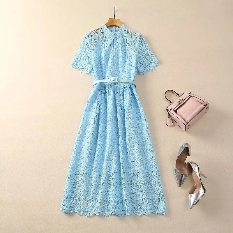 

Top Quality New Lace Dress 2024 Spring Summer Party Elegant Vestidos Women Allover Crochet Lace Embroidery Mid-Calf Blue Dress