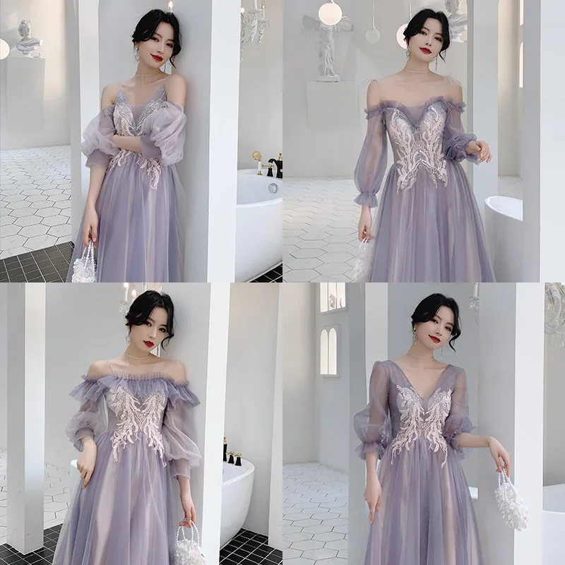 Bridesmaid Dresses Purple Bridesmaid Party Long Sleeve Tulle A-line Dress