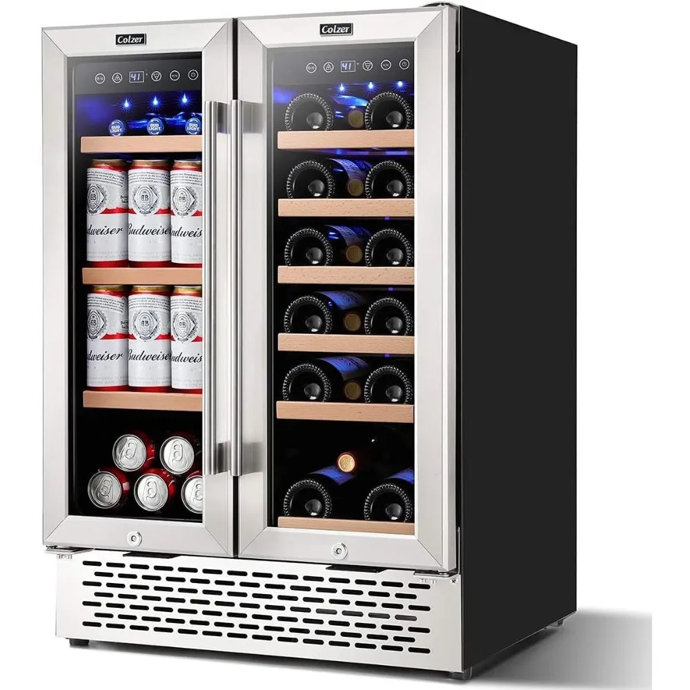 

Wine and Beverage Refrigerator 24 inch, Dual Zone Wine Cooler Under Counter Lockable 18 Bottles and 57 Cans Fridge