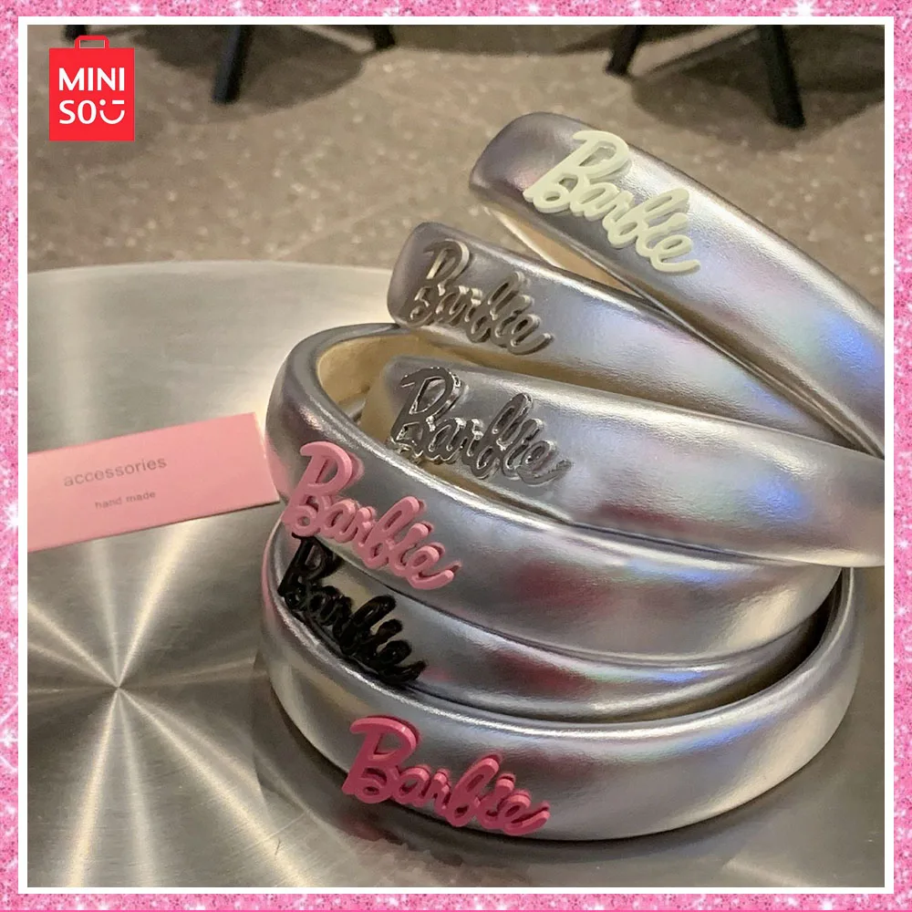 2024 Miniso Barbie Princess Women Summer Vintage Hair Band Silver Pink Kawaii Letter Birthday Girl Gift Bright Leather All-Match