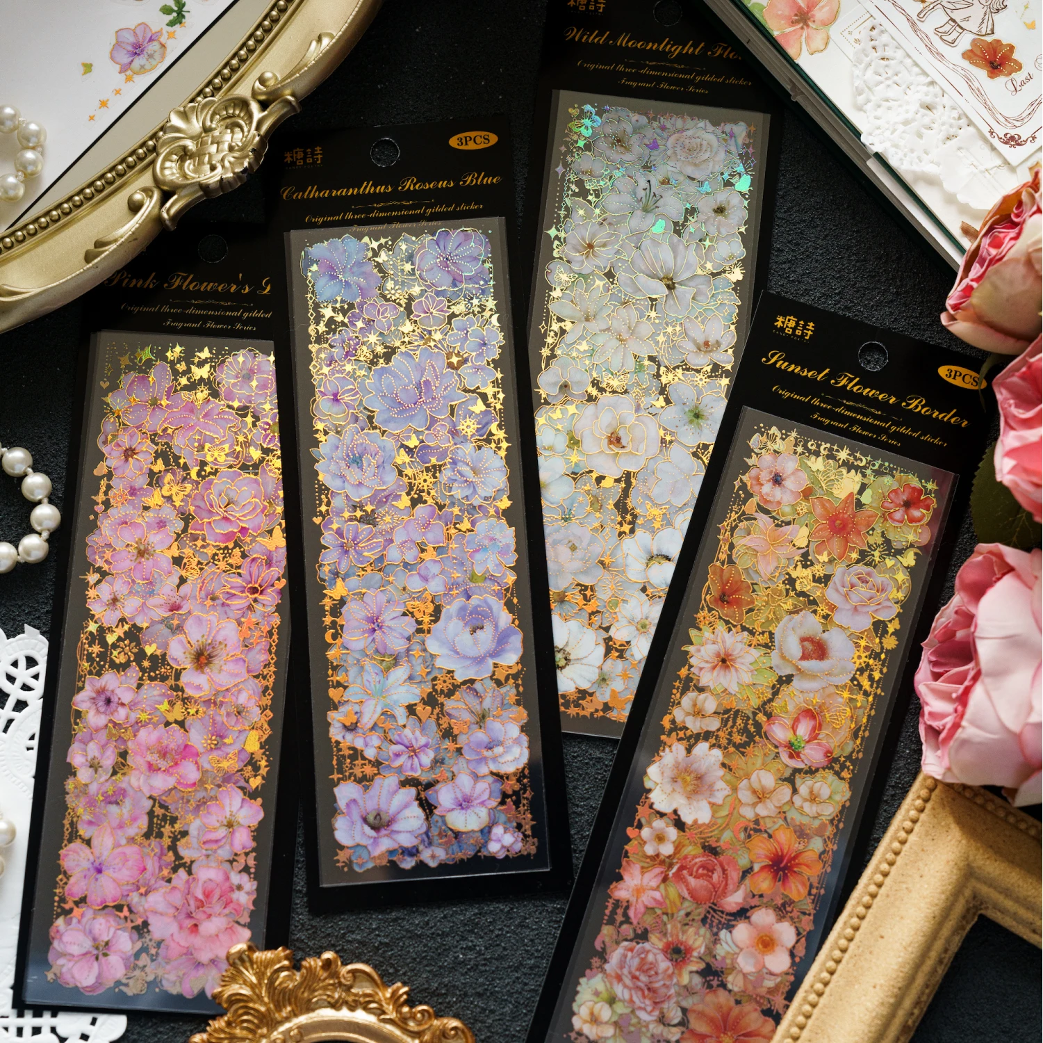 

3 pcs/pack Bronzing Flowers PET Stickers for Scrapbooking Diary Album Stationery Creativity hand made junk journal supplies