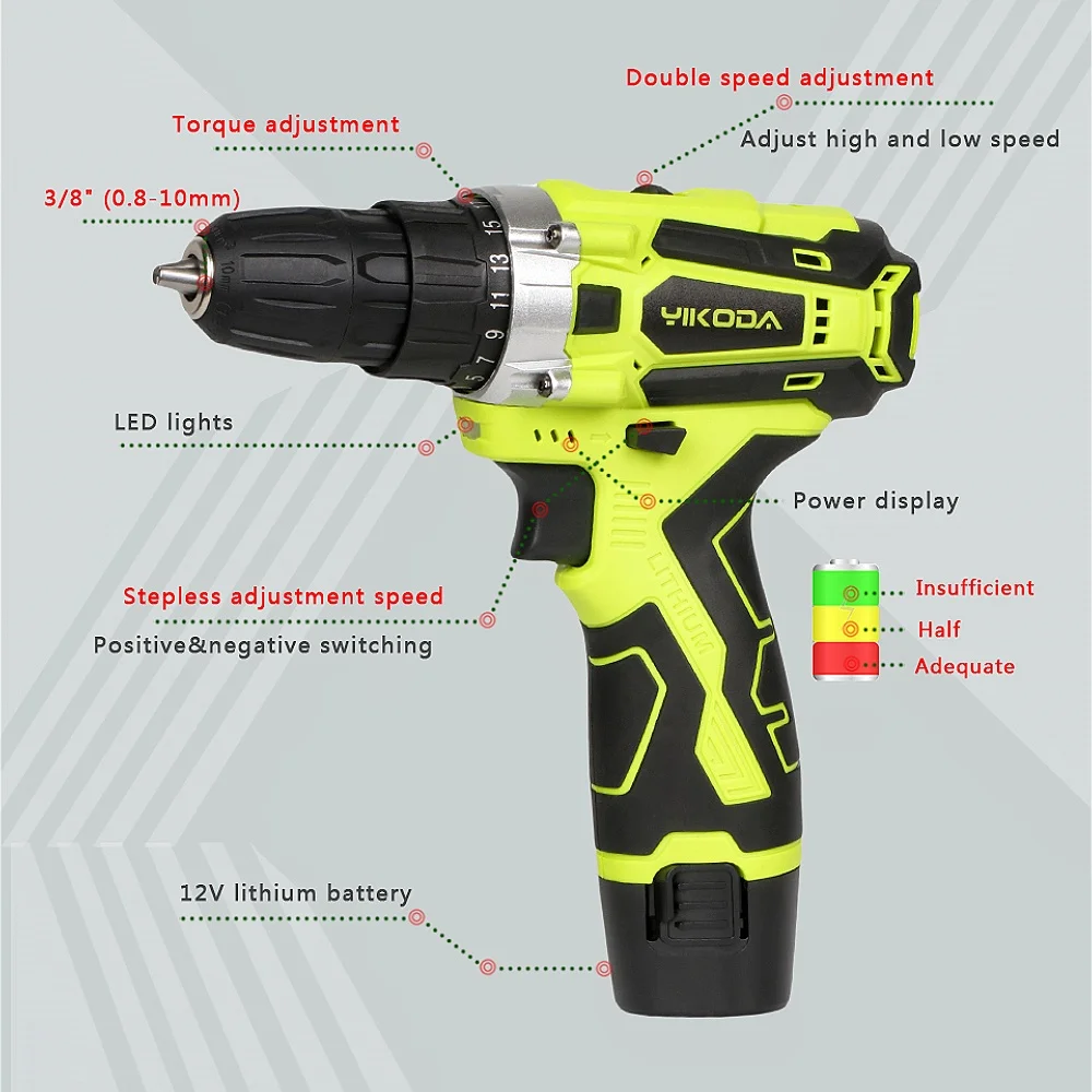 Yikoda 12v 16.8v 21v chave de fenda elétrica furadeira sem fio