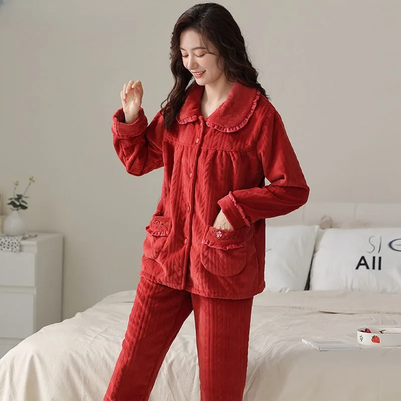 Flannel Pajamas Autumn Winter Women Cardigan Loose Velvet Thickened Homewear Female Warm Large Size Coral Fleece Sleepwear Sets