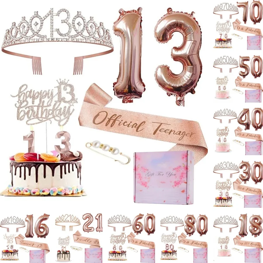 13th Birthday Decorations - Rose Gold Tiara Sash Set 8Pcs/Set 13 16 18 21 30 40 50 60 70 80 Birthday Party Crown Sash Cake Balloons Candles Decoration with Gift Box for Women 1