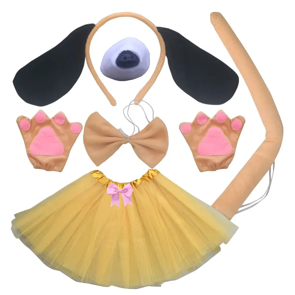 Girls Kids Children Animals Dog Ears Headband Tails Bow Nose Skirt Set Party Gift Birthday Halloween Costume Cosplay