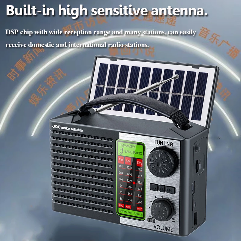 Portable Full Band Radio Solar Power FM AM SW Radios Wireless Bluetooth Music Player with Strong LED Light Rechargeable Battery