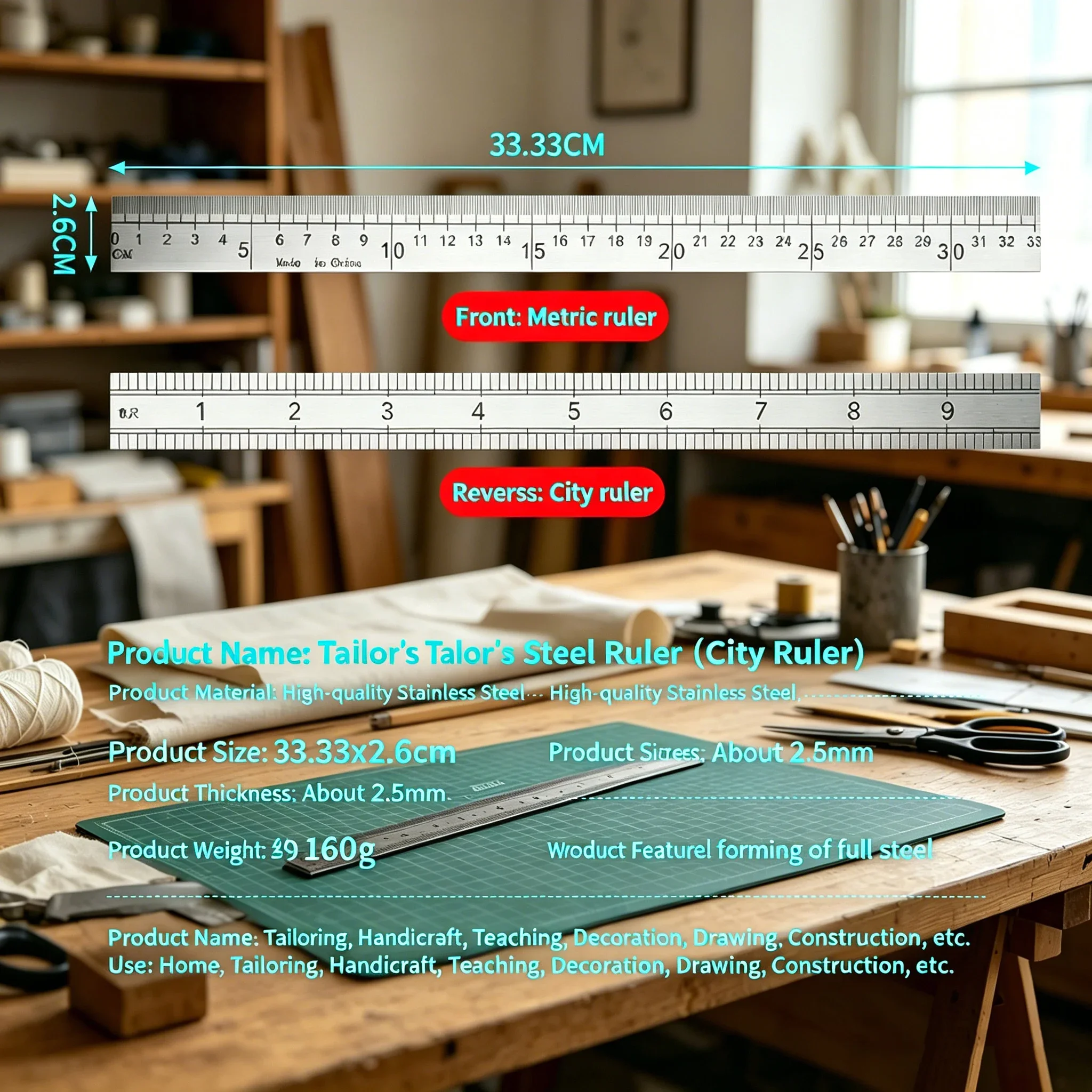 두꺼운 스테인리스 스틸 고정밀 다용도 자 - 교사용 자, 재단용 줄자, 자동차 도구, 그림 및 공예용 스케일