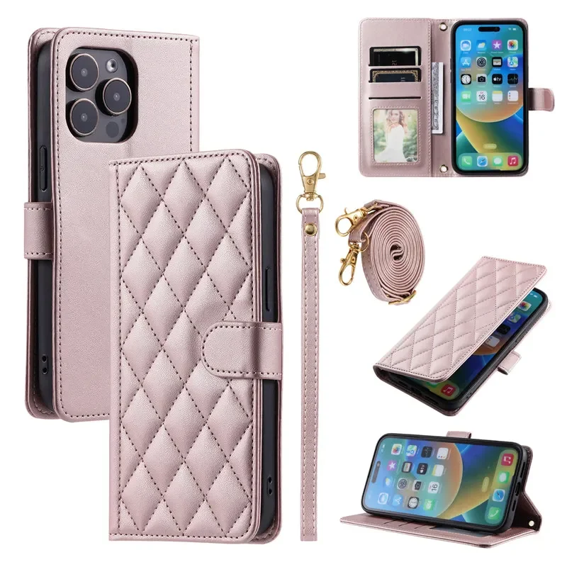 Leather Wallet Phone Case with Long Lanyard - Card Holder Cover