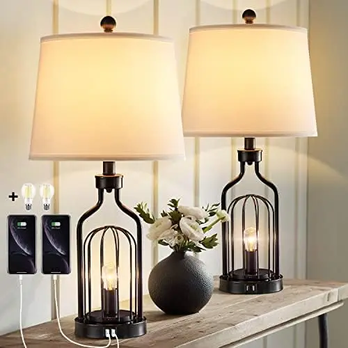 

Table Lamps Set of 2, 26" Industrial Table Lamps with USB Ports, Bedside Nightstand Lamp with 2 Nightlights for Bedroom Livi Pap