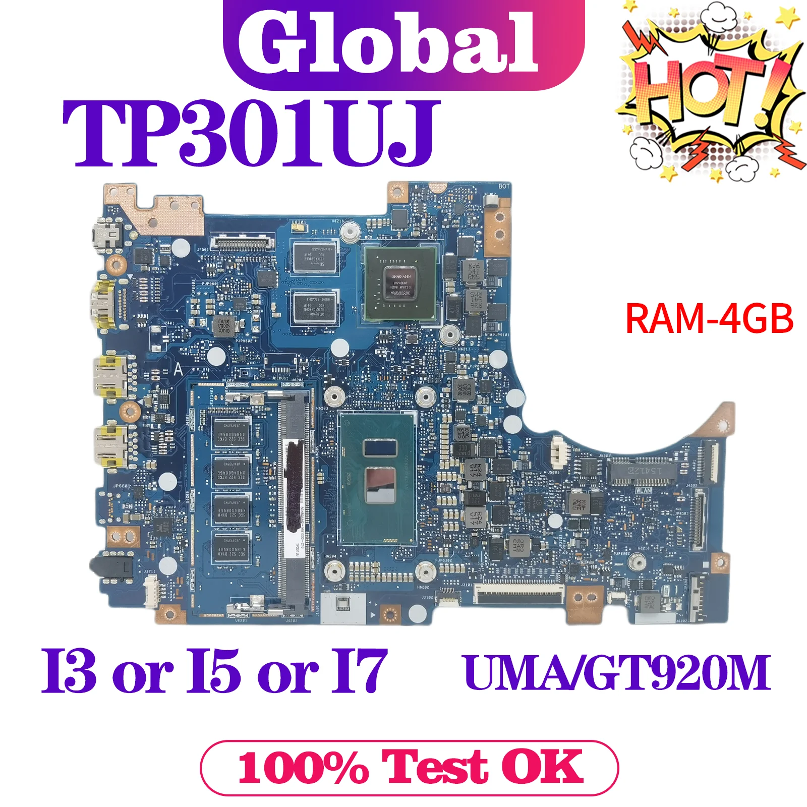 

KEFU Notebook Mainboard For ASUS Vivobook Flip TP301UJ TP301UA TP301U Q303UA Laptop Motherboard i3 i5 i7 4GB/RAM UMA/GT920M